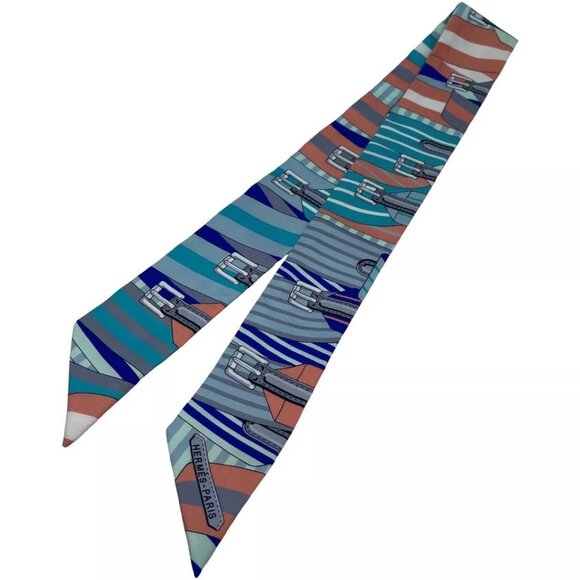 Authentic HERMES Twilly Buckle Design Scarf Blue Silk - Picture 2 of 16